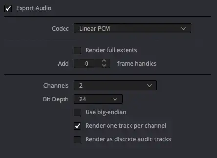 Audio Export Settings – 2 tracks, 1 channel each